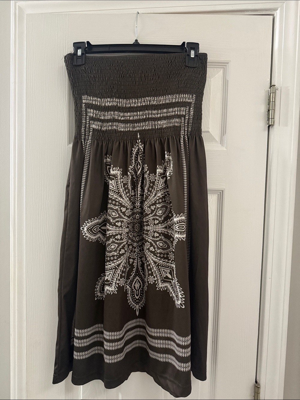 Strapless Olive Green Dress with White Medallion Print